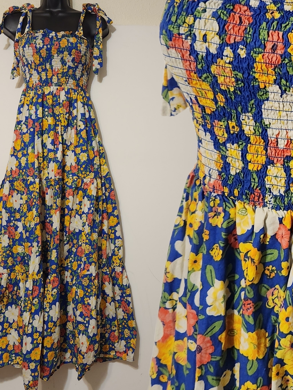 Flying Tomato 100% Cotton Vintage Repro Blue Floral Smocked Dress  Tie Straps